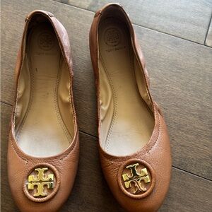 Tory Burch Tan Leather Flats with Gold Logo